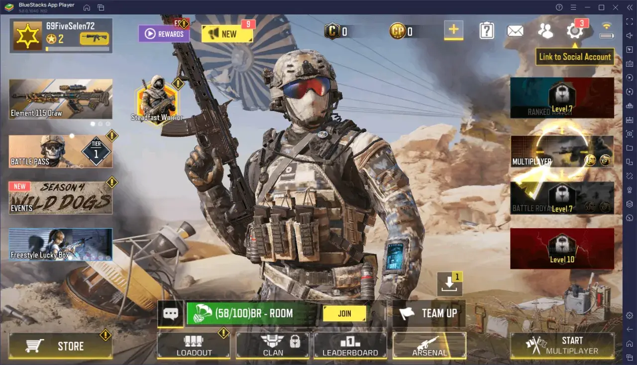 Główny ekran Call of Duty Mobile PC z żołnierzem w kamuflażu, menu gry i opcjami rozgrywki.