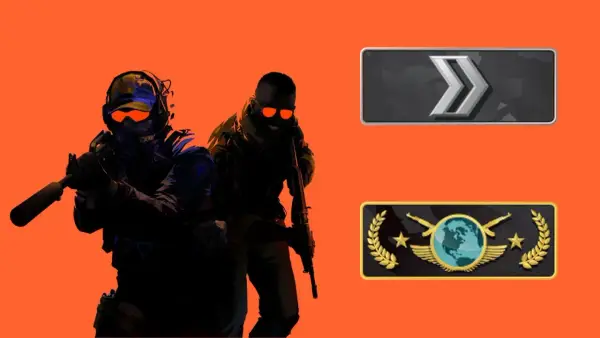 Dwóch graczy CS:GO z pomarańczowymi okularami, gotowych do akcji. Obok nich ikony rang: Srebrny II i Global Elite.