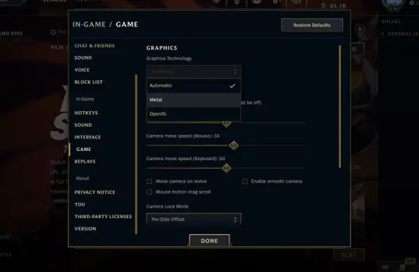 Ustawienia grafiki w League of Legends na Macu. Wybór technologii graficznej, prędkości kamery i trybu blokady kamery.