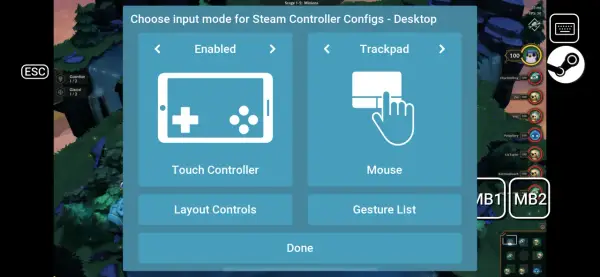 Wybór trybu sterowania dla gry tft na telefon: Touch Controller lub Mouse.