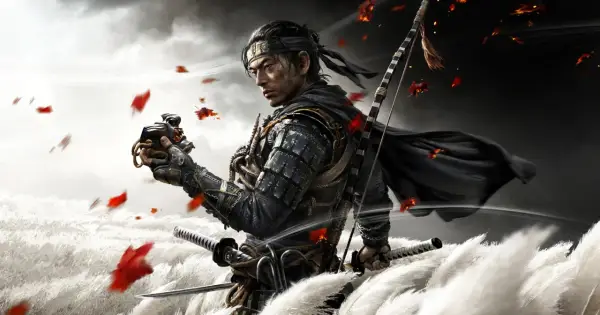 Samuraj z gry Ghost of Tsushima trzyma maskę, otoczony przez spadające liście i wysokie trawy.