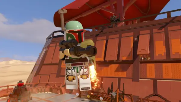 Boba Fett w grze Lego Star Wars: The Skywalker Saga, gotowy do akcji na pokładzie statku. Sprawdź lego star wars the skywalker saga wymagania!
