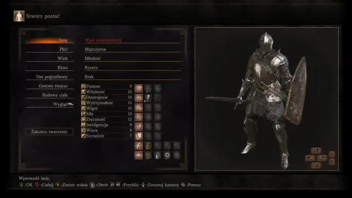 Tworzenie postaci w Dark Souls: Rycerz, męska postać z podstawowymi statystykami. Poradnik dla początkujących.