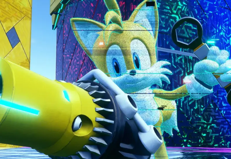 Tails z Sonic Frontiers naprawia coś przy użyciu klucza.