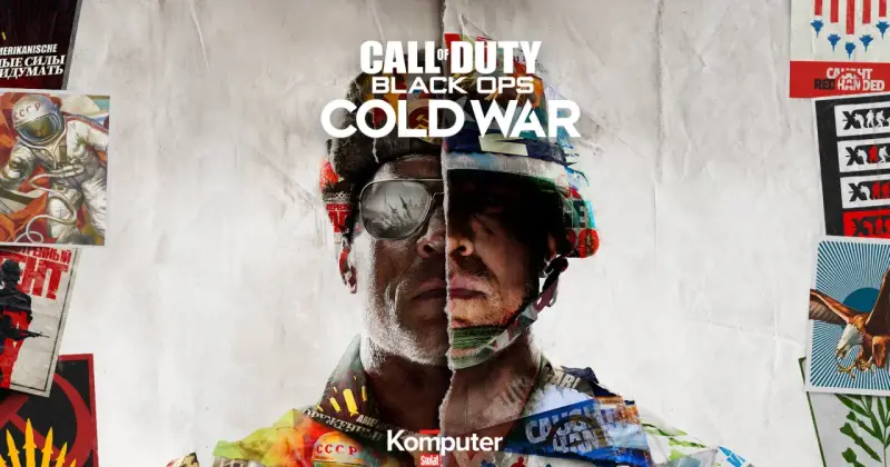 Plakat gry Call of Duty Cold War. Dwóch żołnierzy, jeden w hełmie, drugi w okularach przeciwsłonecznych, z elementami propagandy z epoki.
