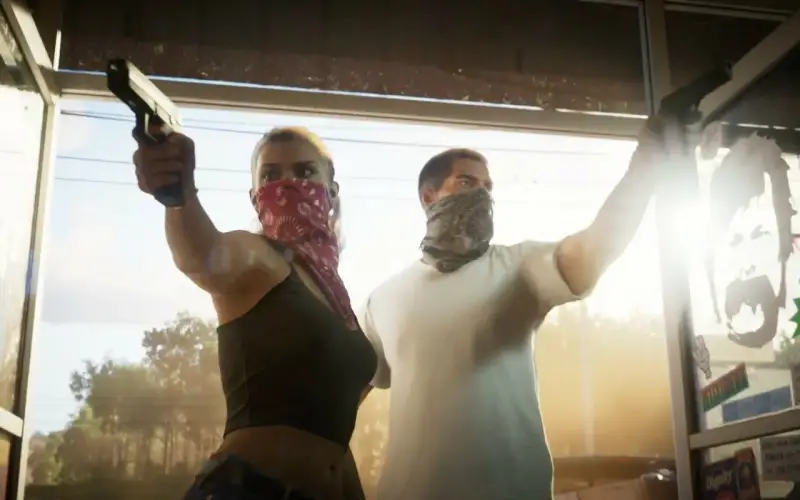 Para z pistoletami, w chustach na twarzach, gotowa na akcję w GTA 6 PC.
